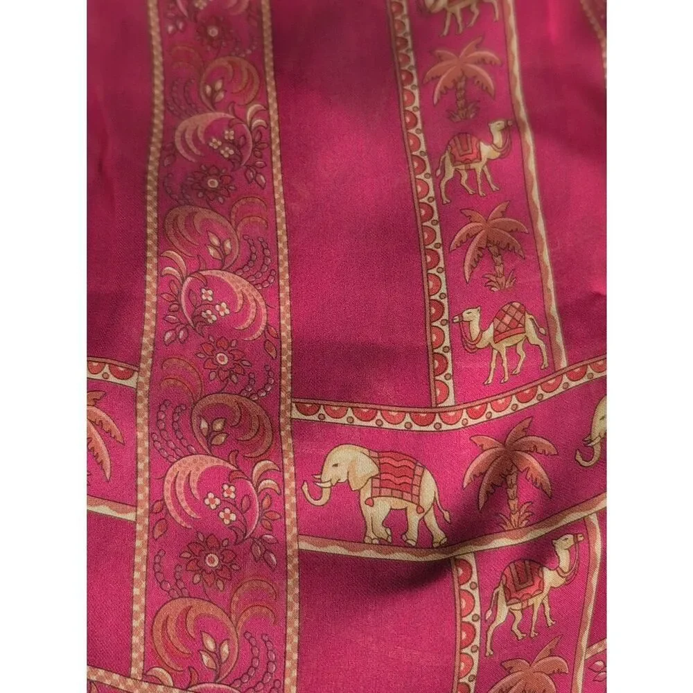 Salvatore Ferragamo Burgundy Silk Striped Floral Scarf with Elephants and Camels